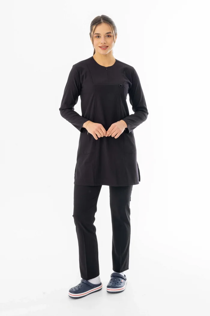 Likra Uzun Kol Doktor Hemşire Forması Alt Üst Takım Siyah (LTST20002)