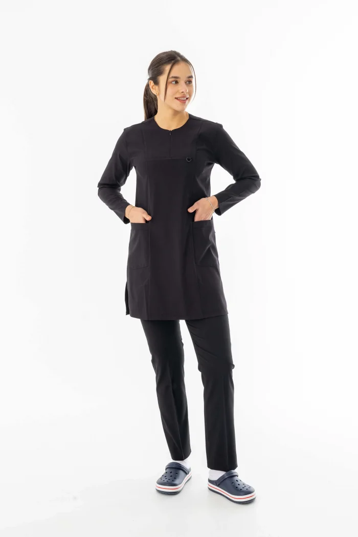 Likra Uzun Kol Doktor Hemşire Forması Alt Üst Takım Siyah (LTST20002)