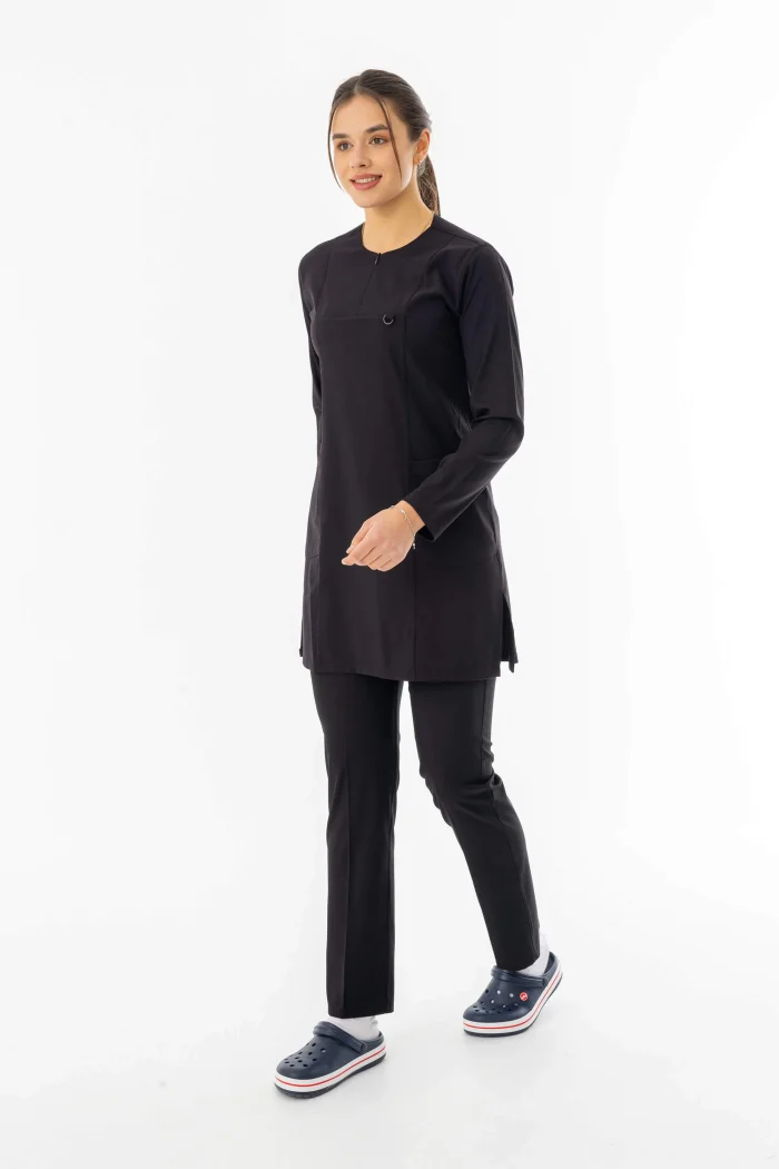 Likra Uzun Kol Doktor Hemşire Forması Alt Üst Takım Siyah (LTST20002)