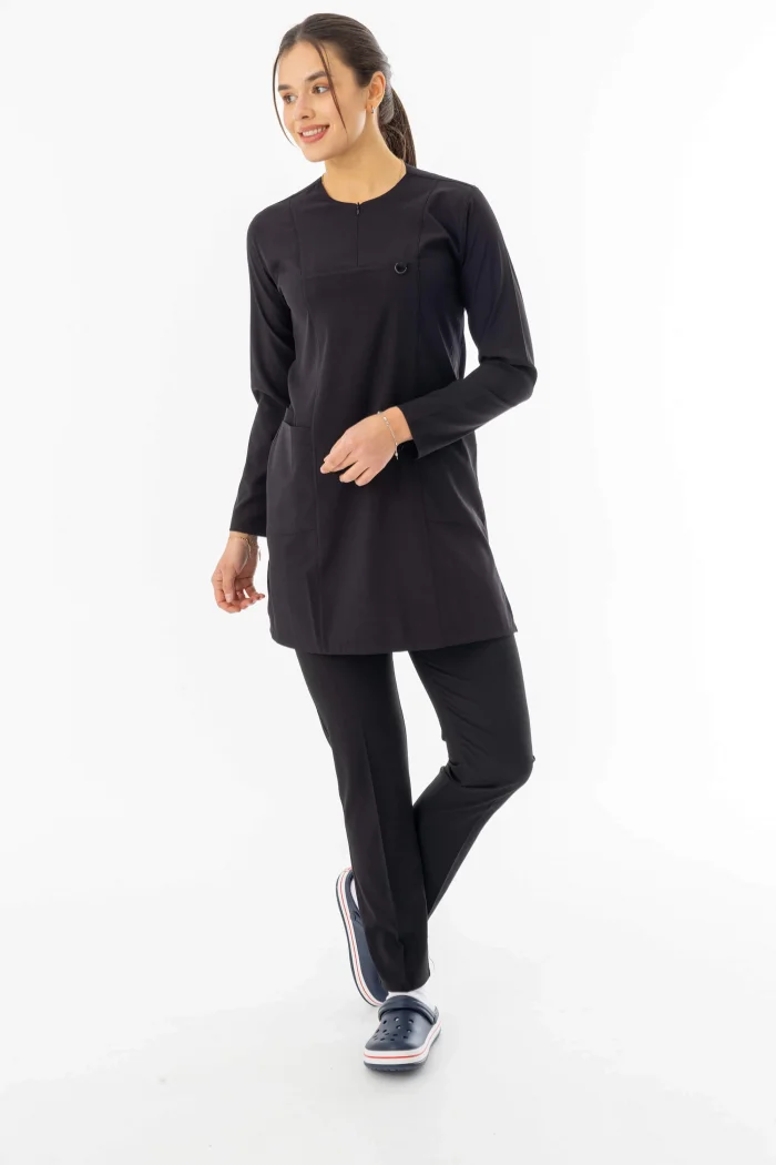Likra Uzun Kol Doktor Hemşire Forması Alt Üst Takım Siyah (LTST20002)