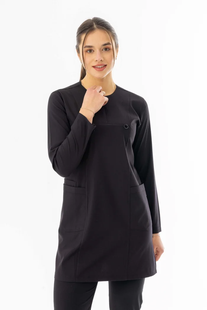 Likra Uzun Kol Doktor Hemşire Forması Alt Üst Takım Siyah (LTST20002)