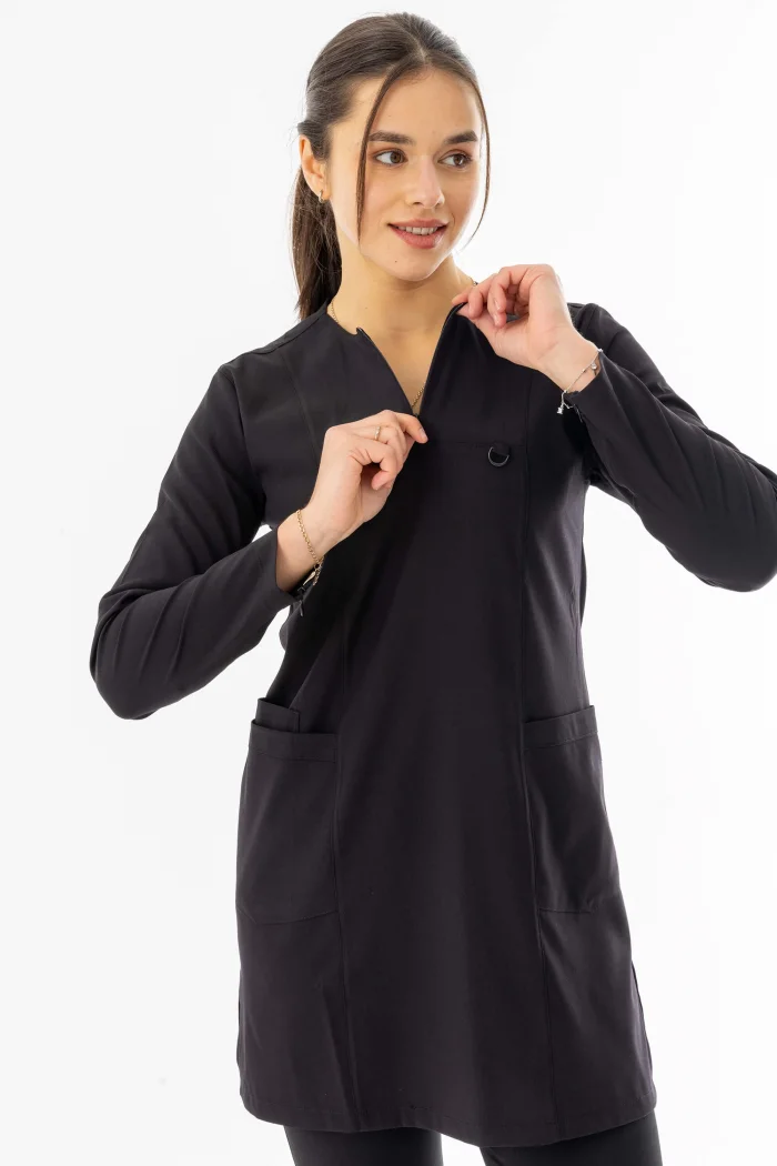 Likra Uzun Kol Doktor Hemşire Forması Alt Üst Takım Siyah (LTST20002)