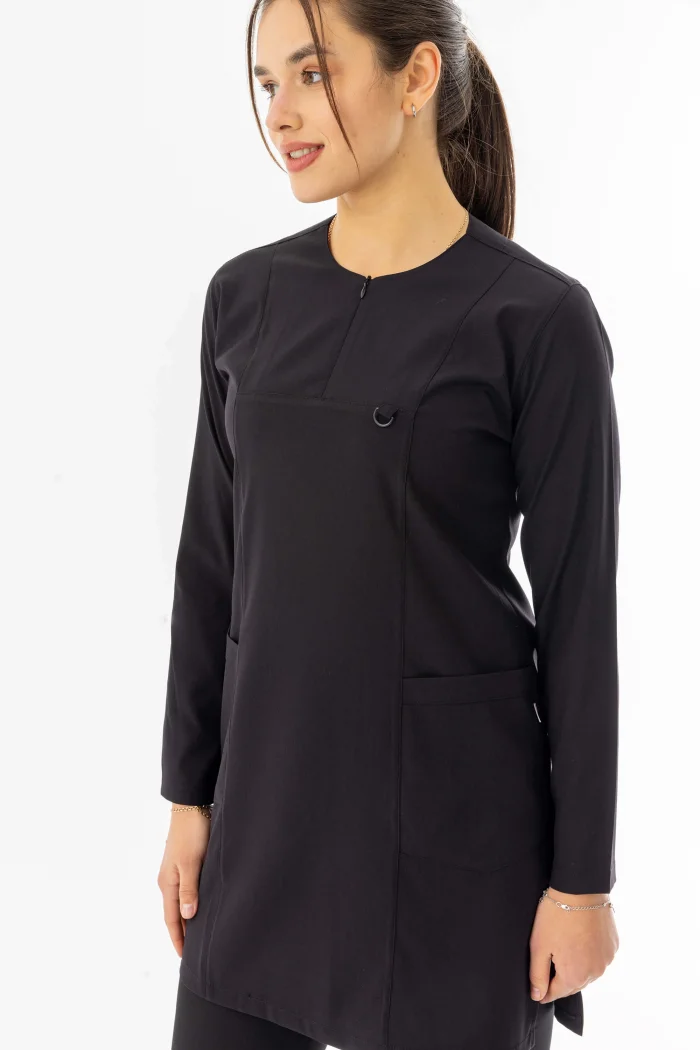 Likra Uzun Kol Doktor Hemşire Forması Alt Üst Takım Siyah (LTST20002)