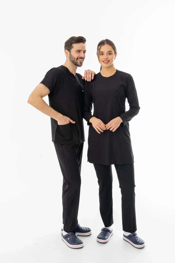 Likra Uzun Kol Doktor Hemşire Forması Alt Üst Takım Siyah (LTST20002)