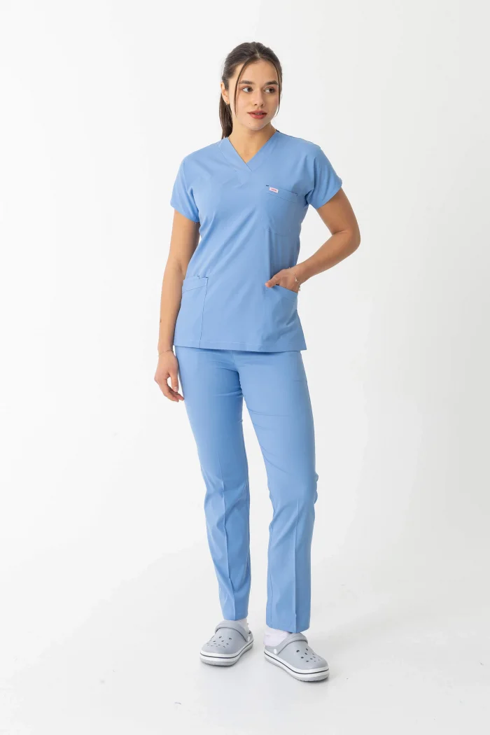 Likra Yarasa Kol Doktor Hemşire Forması Alt Üst Takım Açık Mavi (LYRS10013)
