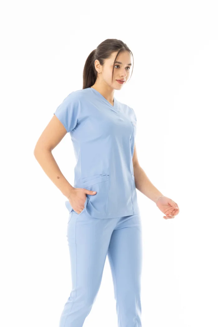 Likra Yarasa Kol Doktor Hemşire Forması Alt Üst Takım Açık Mavi (LYRS10013)