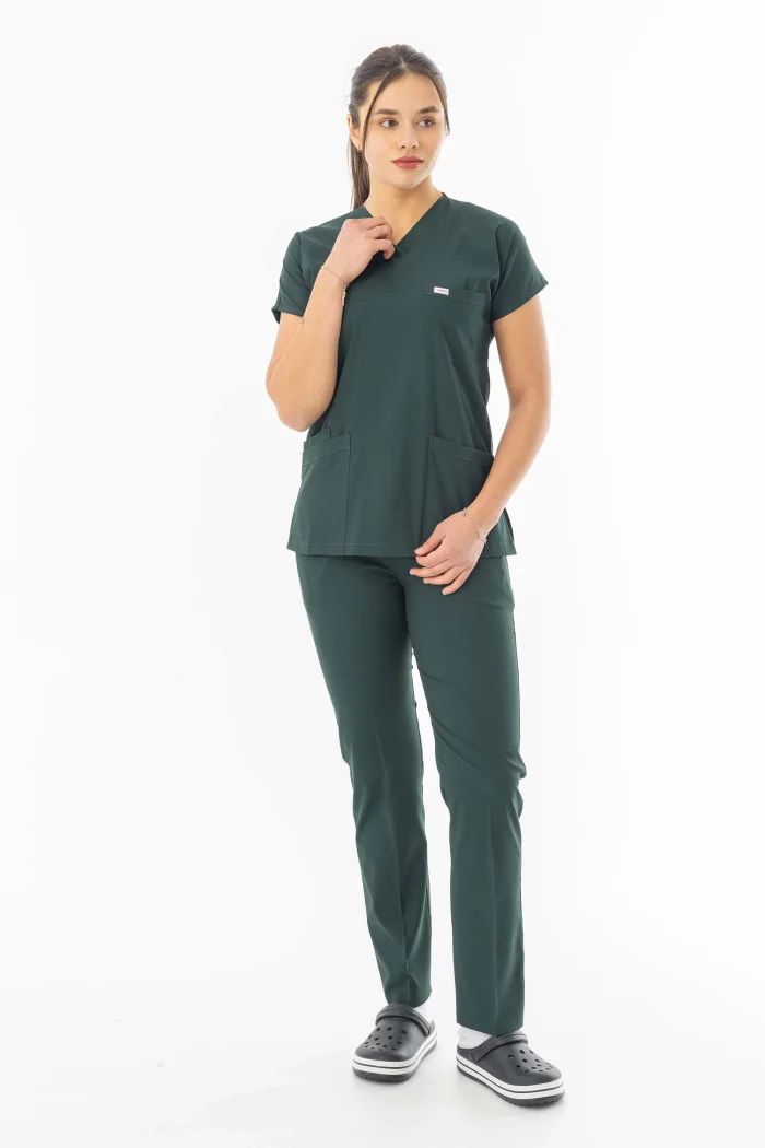 Likra Yarasa Kol Doktor Hemşire Forması Alt Üst Takım Avcı Yeşili (LYRS1004)