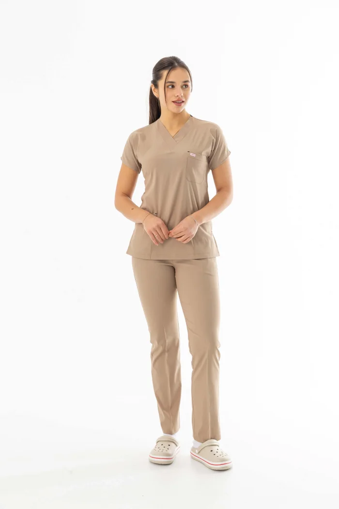 Likra Yarasa Kol Doktor Hemşire Forması Alt Üst Takım Bej (LYRS1007)