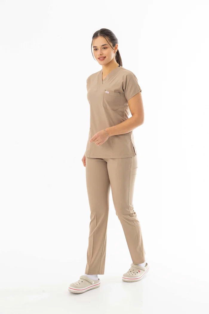 Likra Yarasa Kol Doktor Hemşire Forması Alt Üst Takım Bej (LYRS1007)