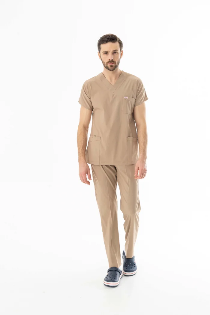 Likra Yarasa Kol Doktor Hemşire Forması Alt Üst Takım Bej (LYRS1007)