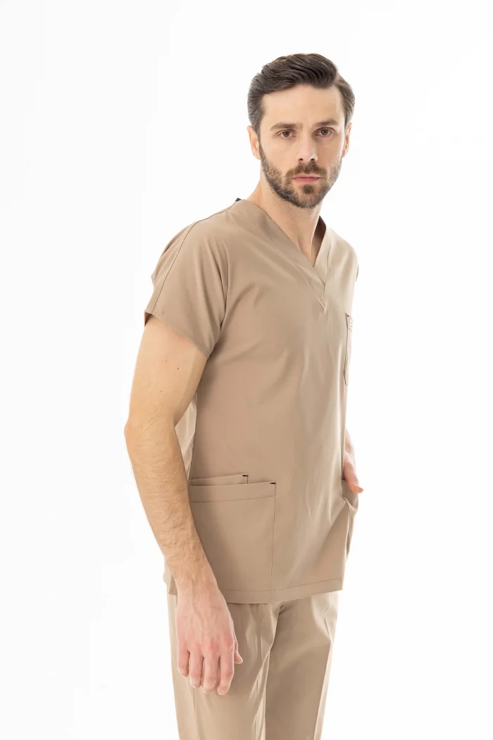 Likra Yarasa Kol Doktor Hemşire Forması Alt Üst Takım Bej (LYRS1007)