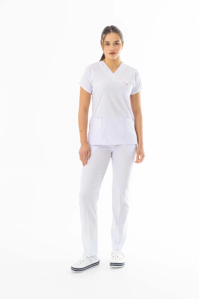 Likra Yarasa Kol Doktor Hemşire Forması Alt Üst Takım Beyaz (LYRS1014)