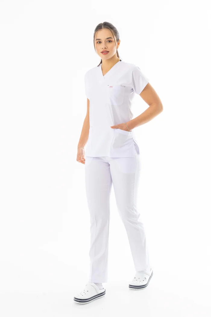 Likra Yarasa Kol Doktor Hemşire Forması Alt Üst Takım Beyaz (LYRS1014)