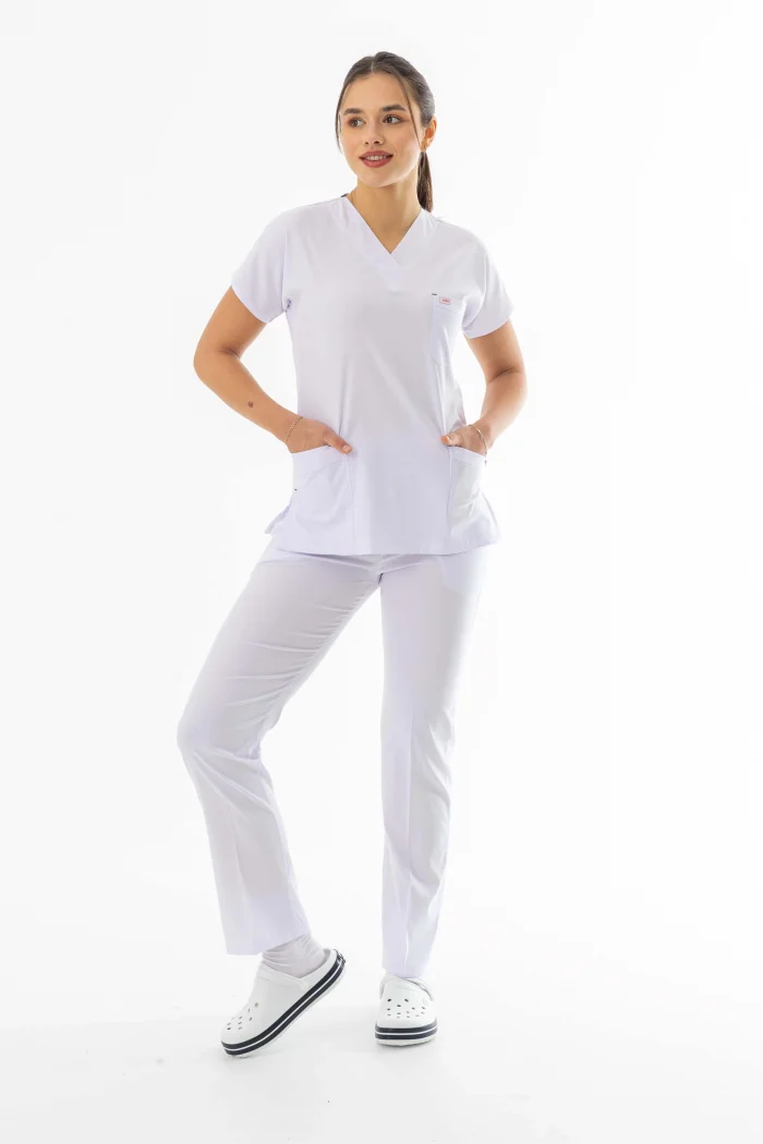 Likra Yarasa Kol Doktor Hemşire Forması Alt Üst Takım Beyaz (LYRS1014)
