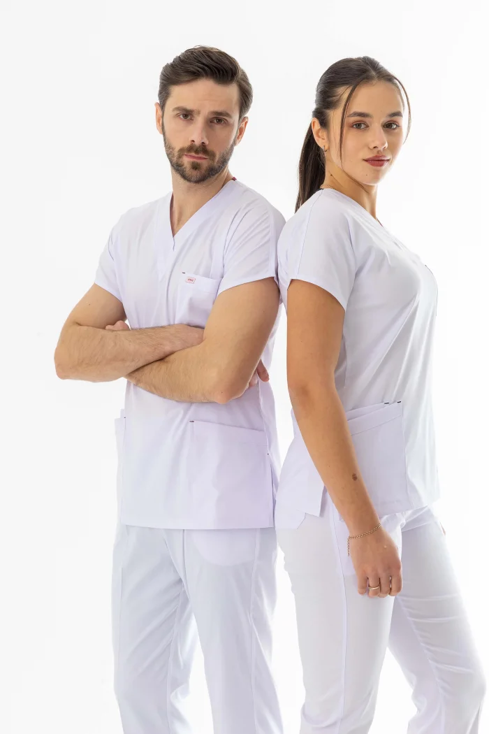 Likra Yarasa Kol Doktor Hemşire Forması Alt Üst Takım Beyaz (LYRS1014)