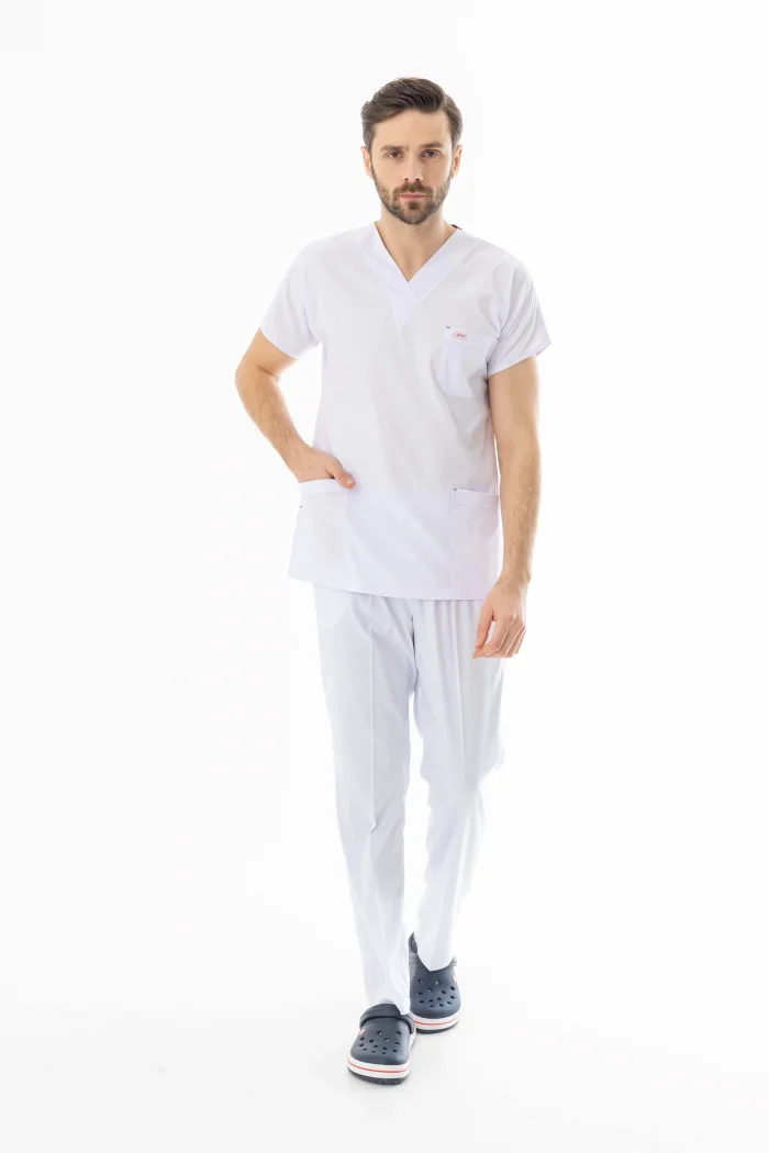 Likra Yarasa Kol Doktor Hemşire Forması Alt Üst Takım Beyaz (LYRS1014)