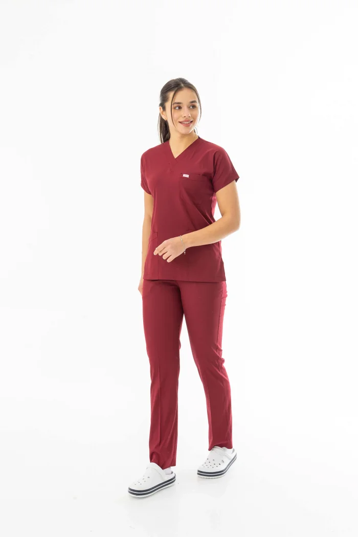 Likra Yarasa Kol Doktor Hemşire Forması Alt Üst Takım Bordo (LYRS1003)