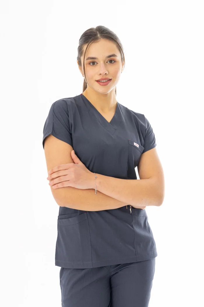 Likra Yarasa Kol Doktor Hemşire Forması Alt Üst Takım Füme Gri (LYRS1006)