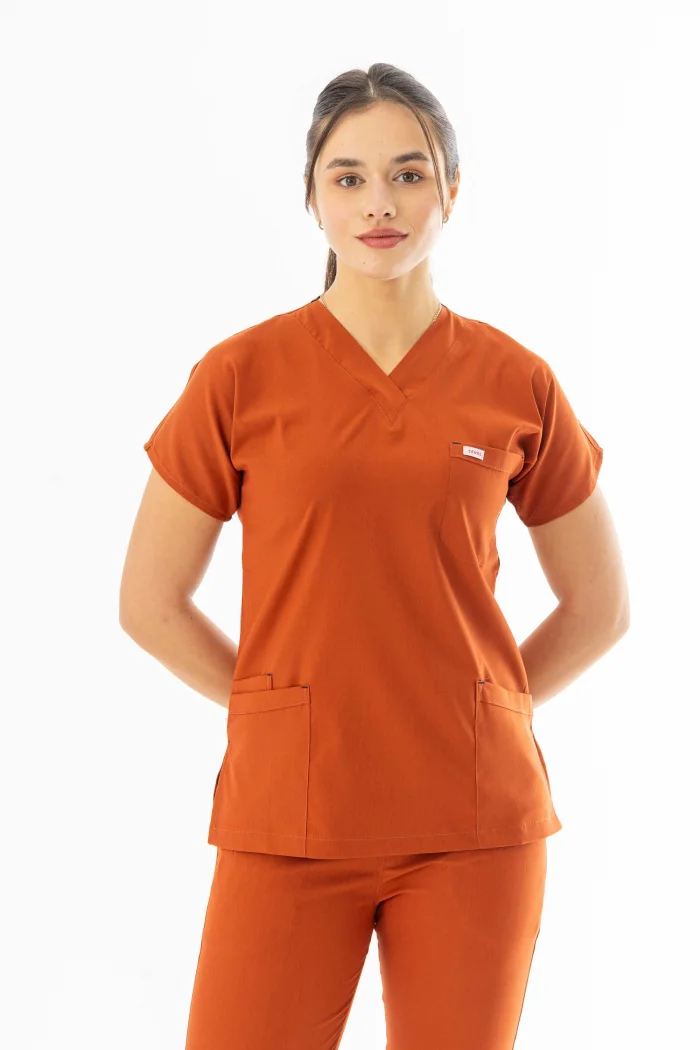 Likra Yarasa Kol Doktor Hemşire Forması Alt Üst Takım Kiremit (LYRS1005)