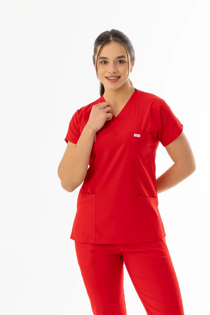 Likra Yarasa Kol Doktor Hemşire Forması Alt Üst Takım Kırmızı (LYRS1008)