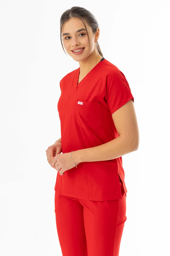 Likra Yarasa Kol Doktor Hemşire Forması Alt Üst Takım Kırmızı (LYRS1008)
