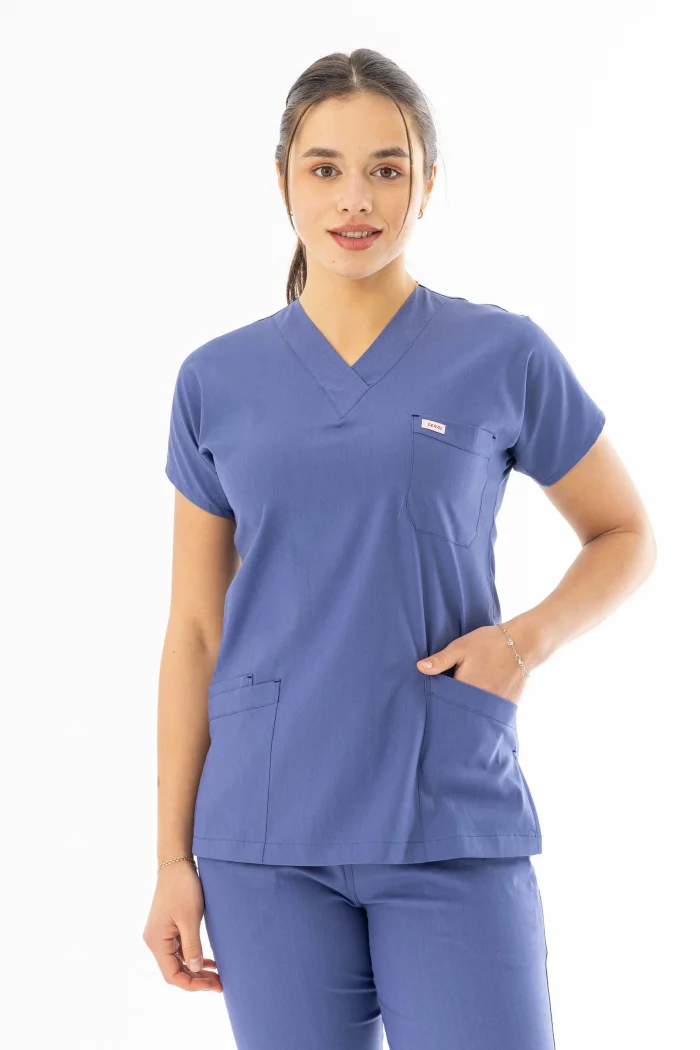 Likra Yarasa Kol Doktor Hemşire Forması Alt Üst Takım Kot Mavisi (LYRS1020)