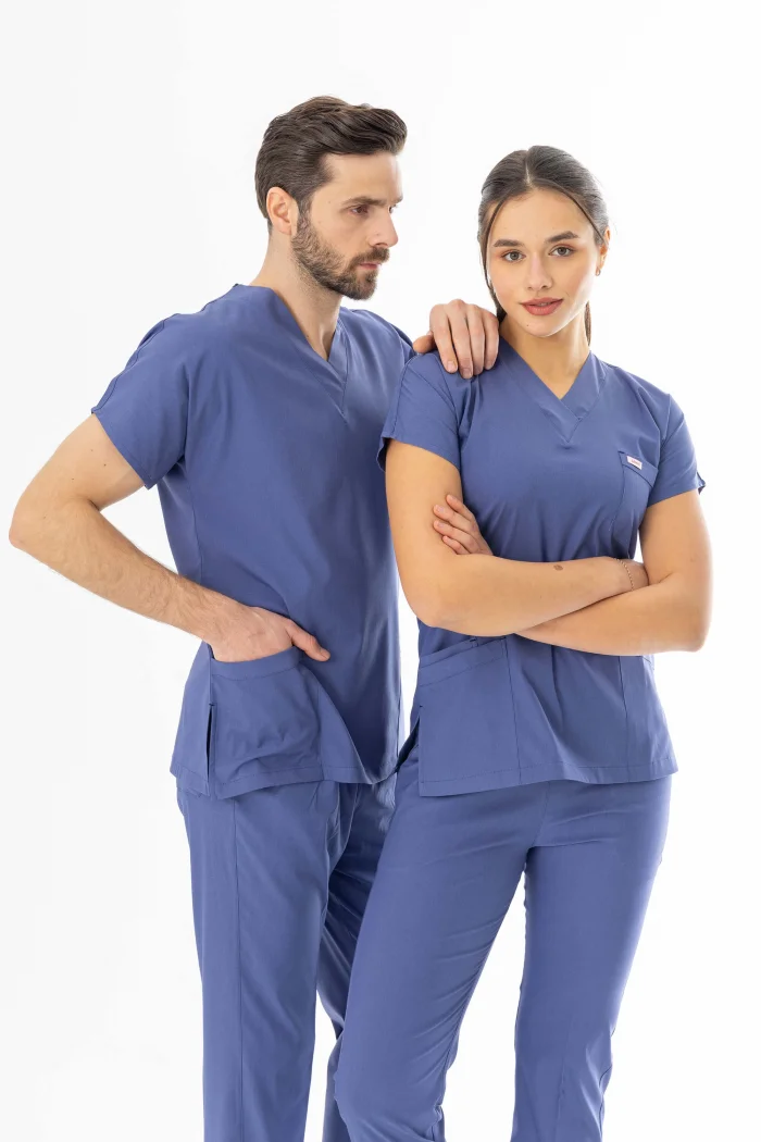 Likra Yarasa Kol Doktor Hemşire Forması Alt Üst Takım Kot Mavisi (LYRS1020)