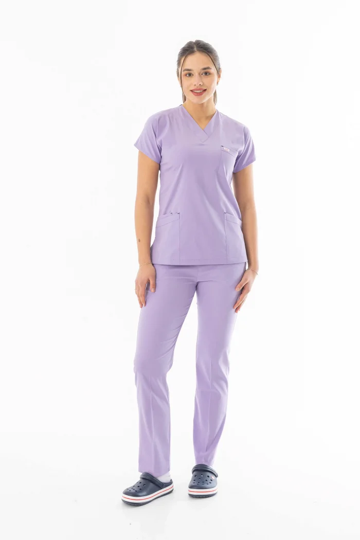 Likra Yarasa Kol Doktor Hemşire Forması Alt Üst Takım Lila (LYRS1019)