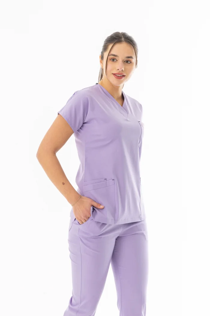 Likra Yarasa Kol Doktor Hemşire Forması Alt Üst Takım Lila (LYRS1019)