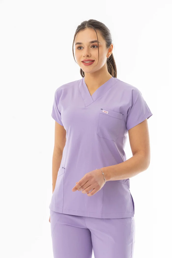 Likra Yarasa Kol Doktor Hemşire Forması Alt Üst Takım Lila (LYRS1019)