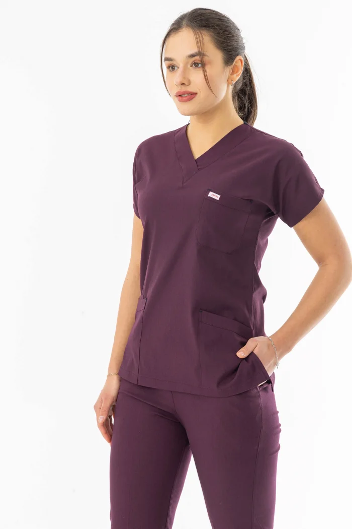 Likra Yarasa Kol Doktor Hemşire Forması Alt Üst Takım Mürdüm (LYRS1012)