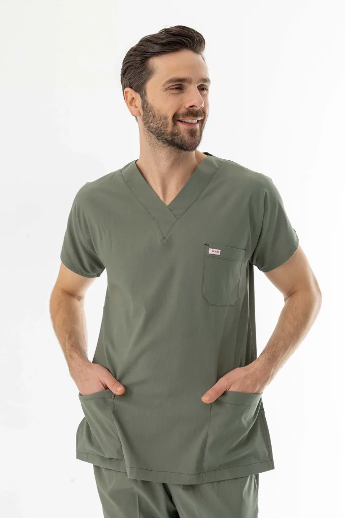 Likra Yarasa Kol Doktor Hemşire Forması Alt Üst Takım Olivya Yeşili (LYRS1018)