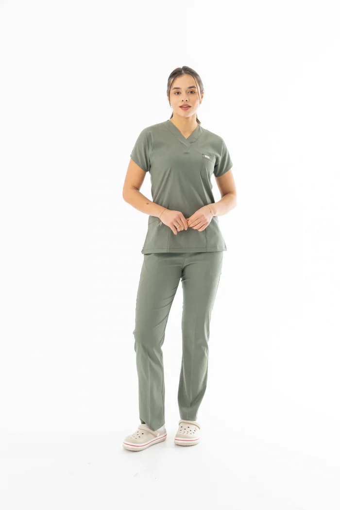 Likra Yarasa Kol Doktor Hemşire Forması Alt Üst Takım Olivya Yeşili (LYRS1018)