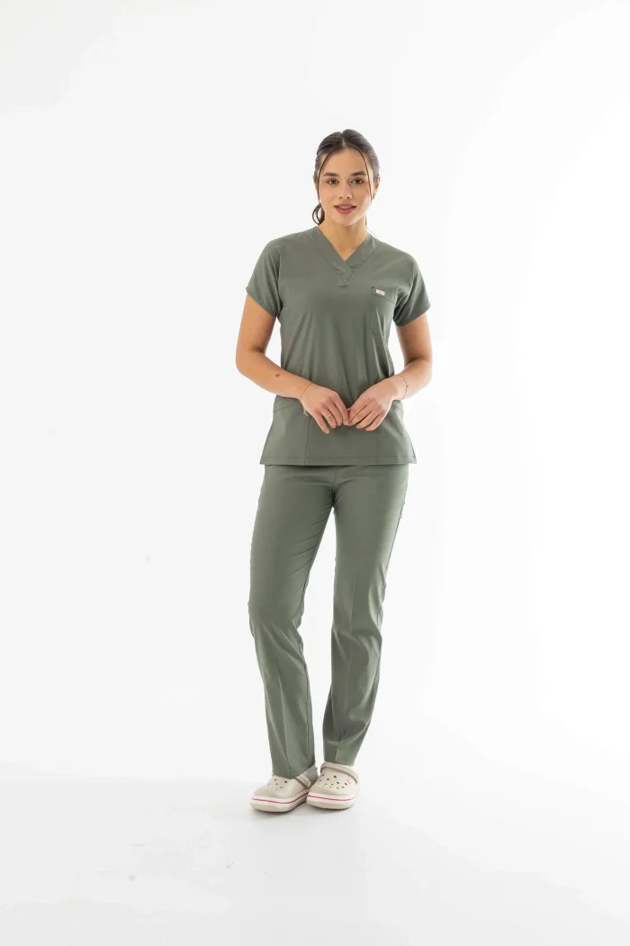 Likra Yarasa Kol Doktor Hemşire Forması Alt Üst Takım Olivya Yeşili (LYRS1018)