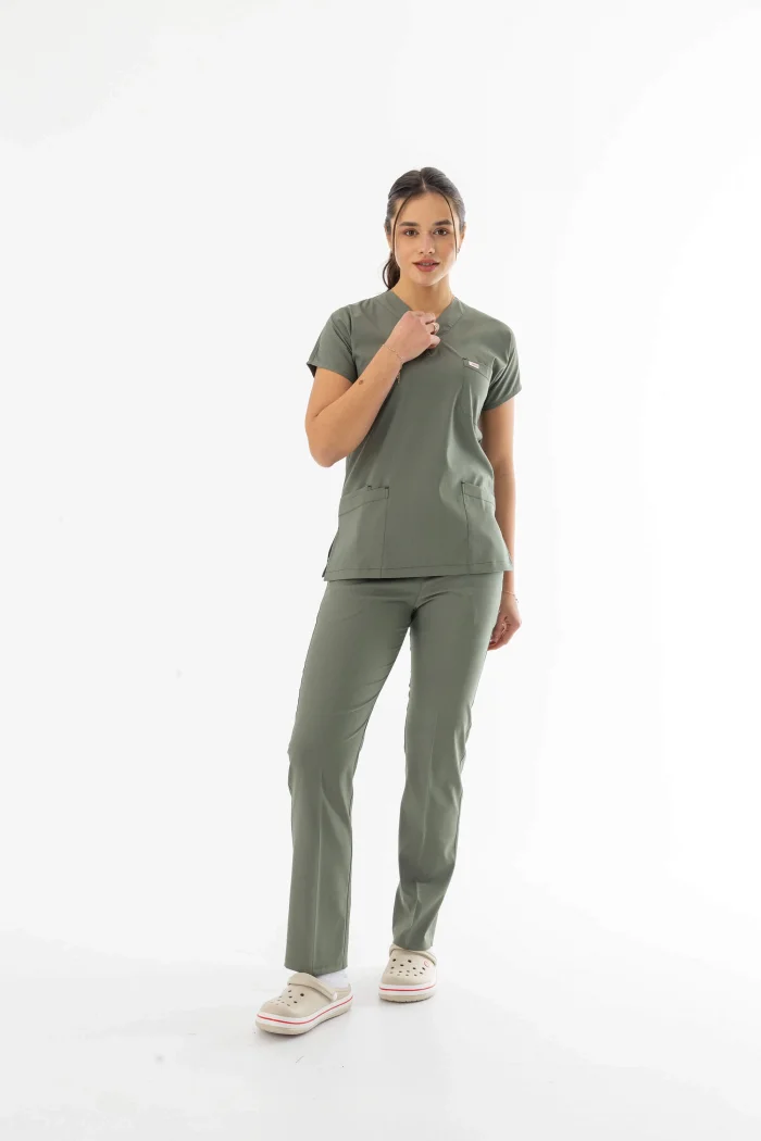 Likra Yarasa Kol Doktor Hemşire Forması Alt Üst Takım Olivya Yeşili (LYRS1018)