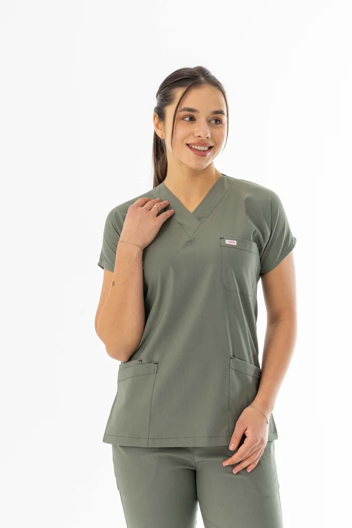 Likra Yarasa Kol Doktor Hemşire Forması Alt Üst Takım Olivya Yeşili (LYRS1018)