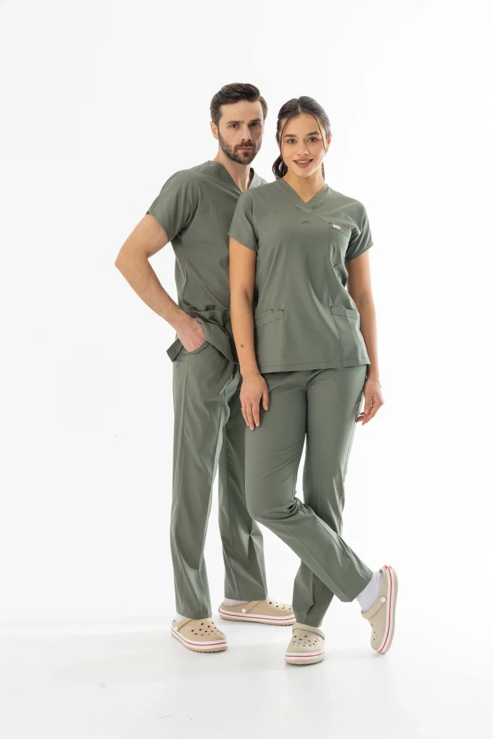 Likra Yarasa Kol Doktor Hemşire Forması Alt Üst Takım Olivya Yeşili (LYRS1018)