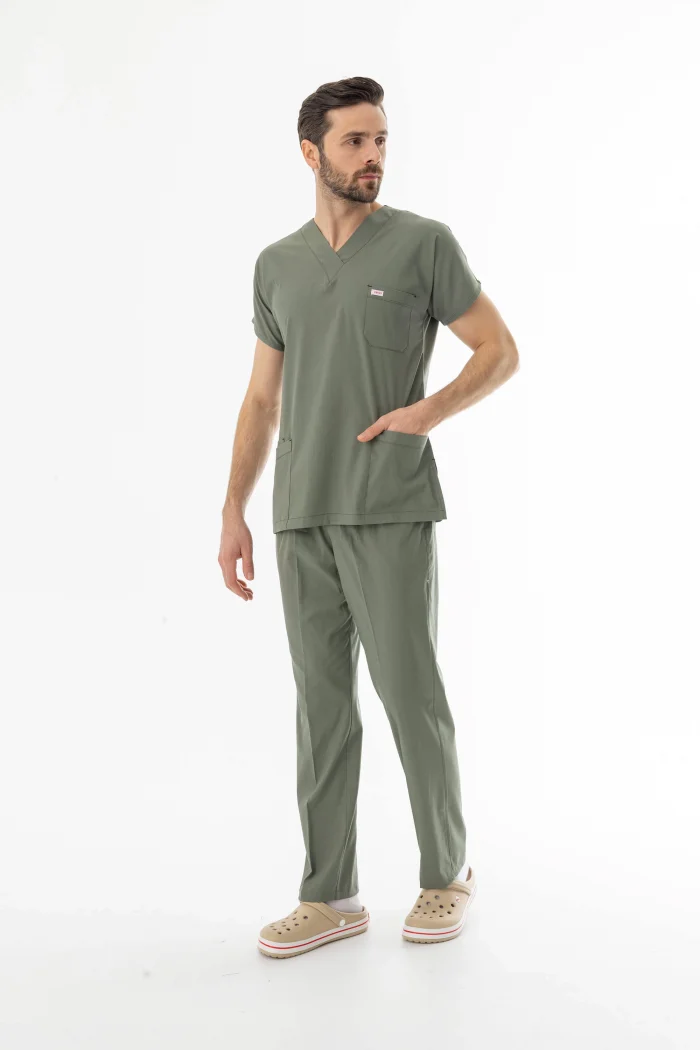 Likra Yarasa Kol Doktor Hemşire Forması Alt Üst Takım Olivya Yeşili (LYRS1018)