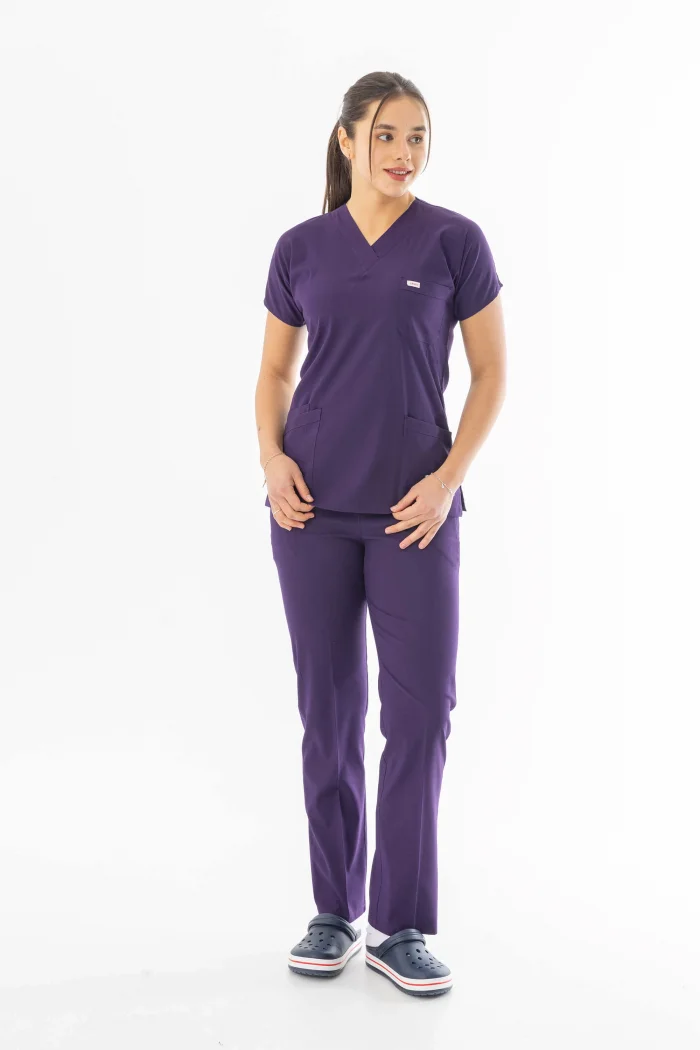 Likra Yarasa Kol Doktor Hemşire Forması Alt Üst Takım Patlıcan Moru (LYRS1022)