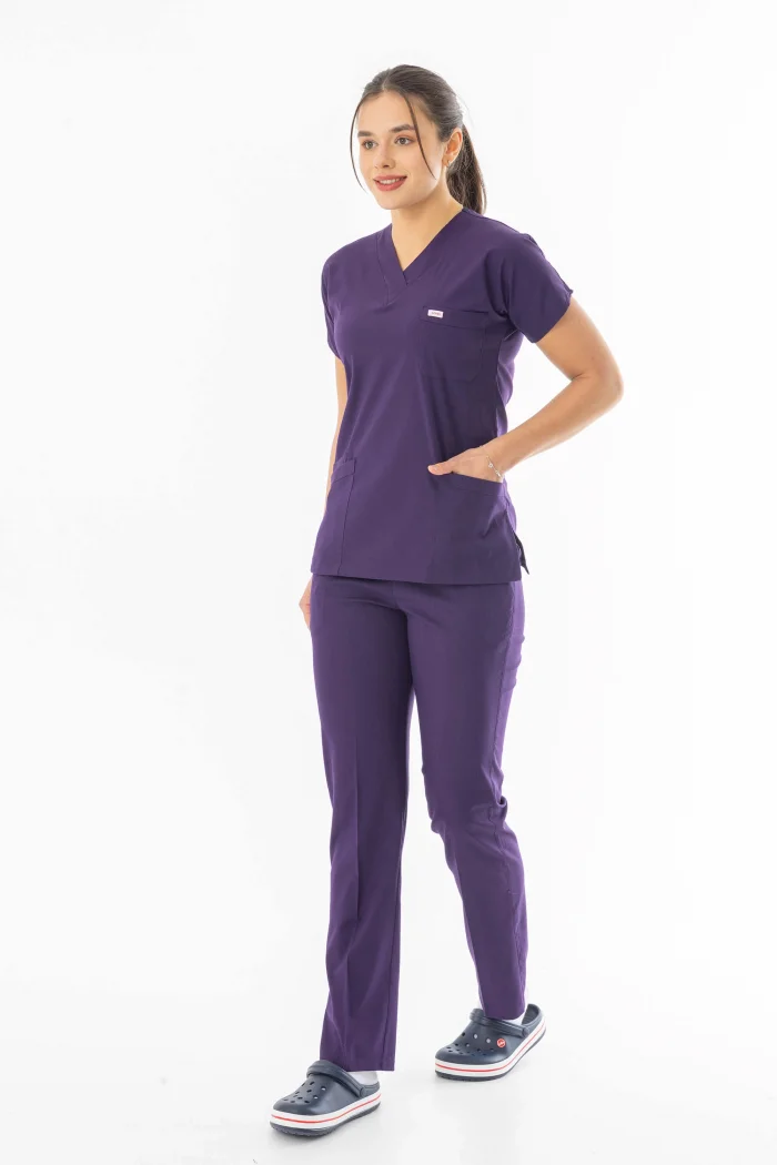 Likra Yarasa Kol Doktor Hemşire Forması Alt Üst Takım Patlıcan Moru (LYRS1022)