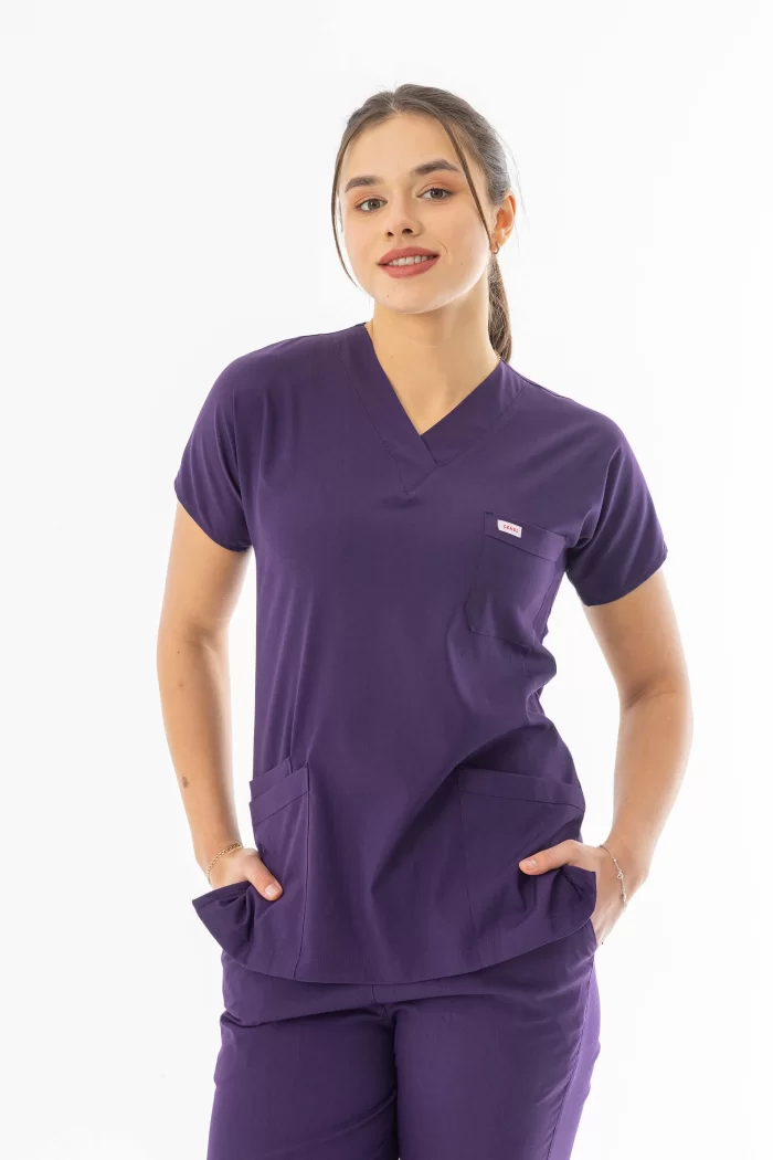 Likra Yarasa Kol Doktor Hemşire Forması Alt Üst Takım Patlıcan Moru (LYRS1022)