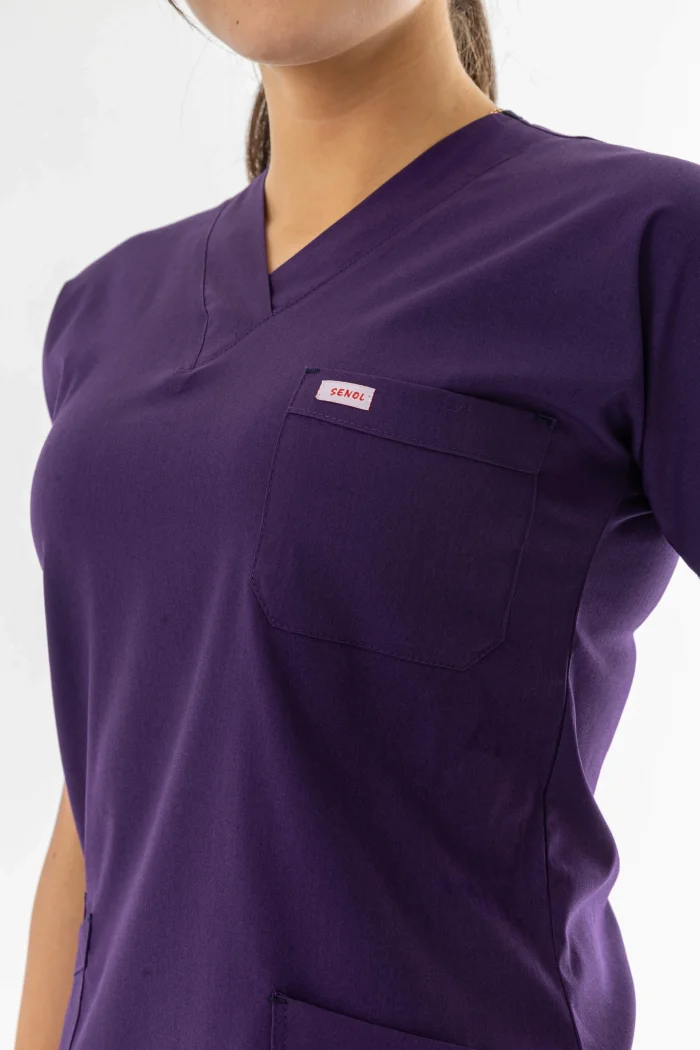 Likra Yarasa Kol Doktor Hemşire Forması Alt Üst Takım Patlıcan Moru (LYRS1022)