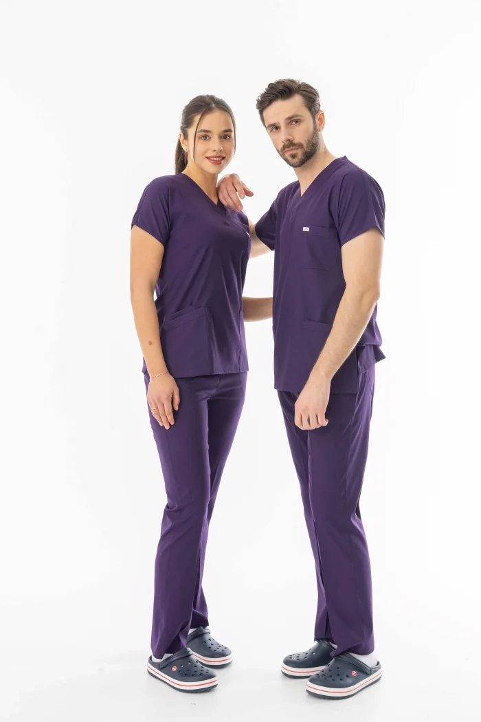 Likra Yarasa Kol Doktor Hemşire Forması Alt Üst Takım Patlıcan Moru (LYRS1022)