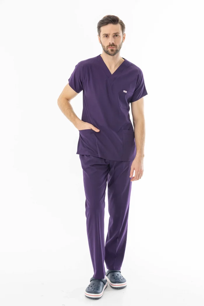 Likra Yarasa Kol Doktor Hemşire Forması Alt Üst Takım Patlıcan Moru (LYRS1022)