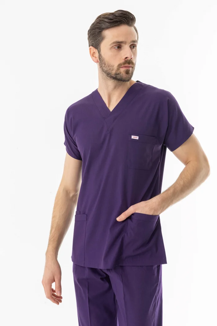 Likra Yarasa Kol Doktor Hemşire Forması Alt Üst Takım Patlıcan Moru (LYRS1022)