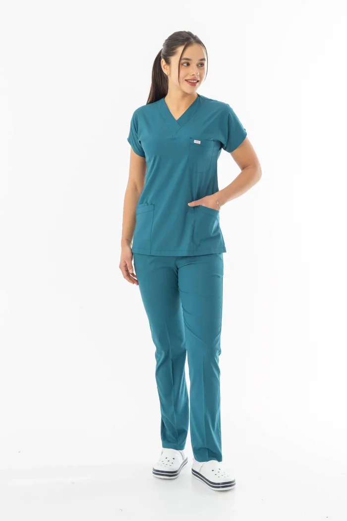 Likra Yarasa Kol Doktor Hemşire Forması Alt Üst Takım Petrol Yeşili (LYRS1015)