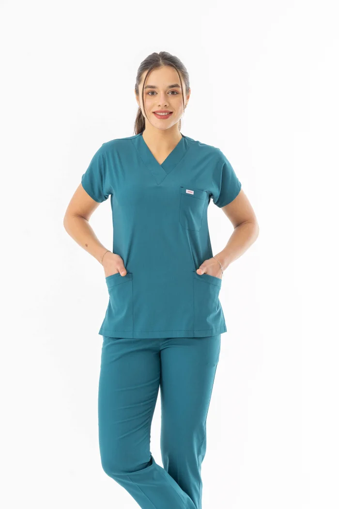 Likra Yarasa Kol Doktor Hemşire Forması Alt Üst Takım Petrol Yeşili (LYRS1015)