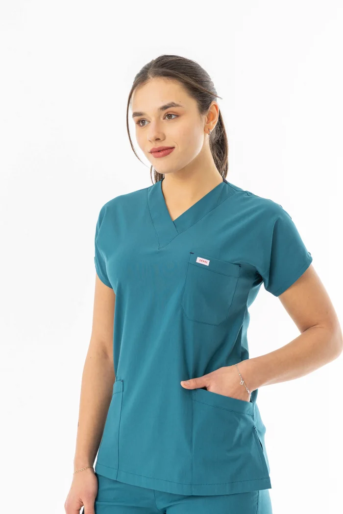 Likra Yarasa Kol Doktor Hemşire Forması Alt Üst Takım Petrol Yeşili (LYRS1015)