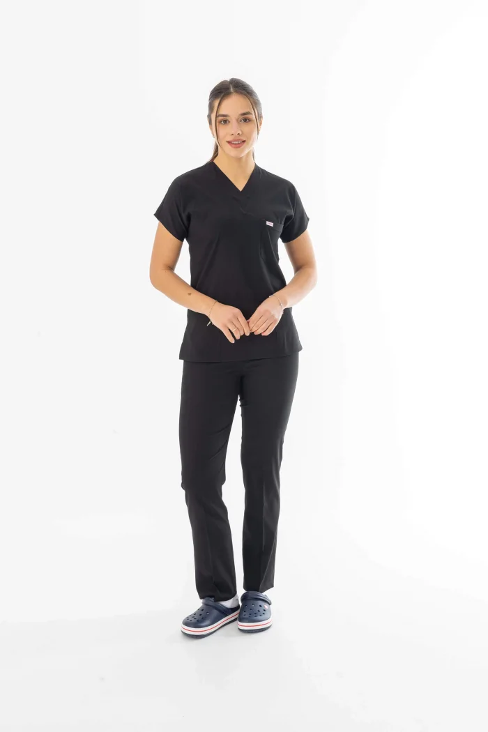 Likra Yarasa Kol Doktor Hemşire Forması Alt Üst Takım Siyah (LYRS1002)