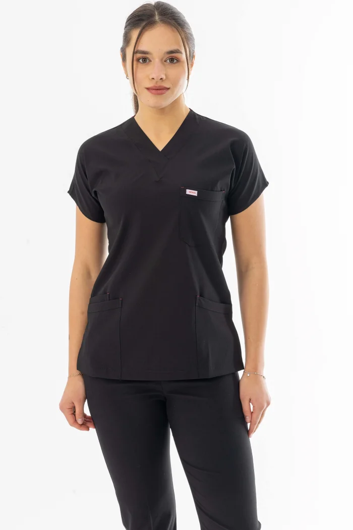 Likra Yarasa Kol Doktor Hemşire Forması Alt Üst Takım Siyah (LYRS1002)